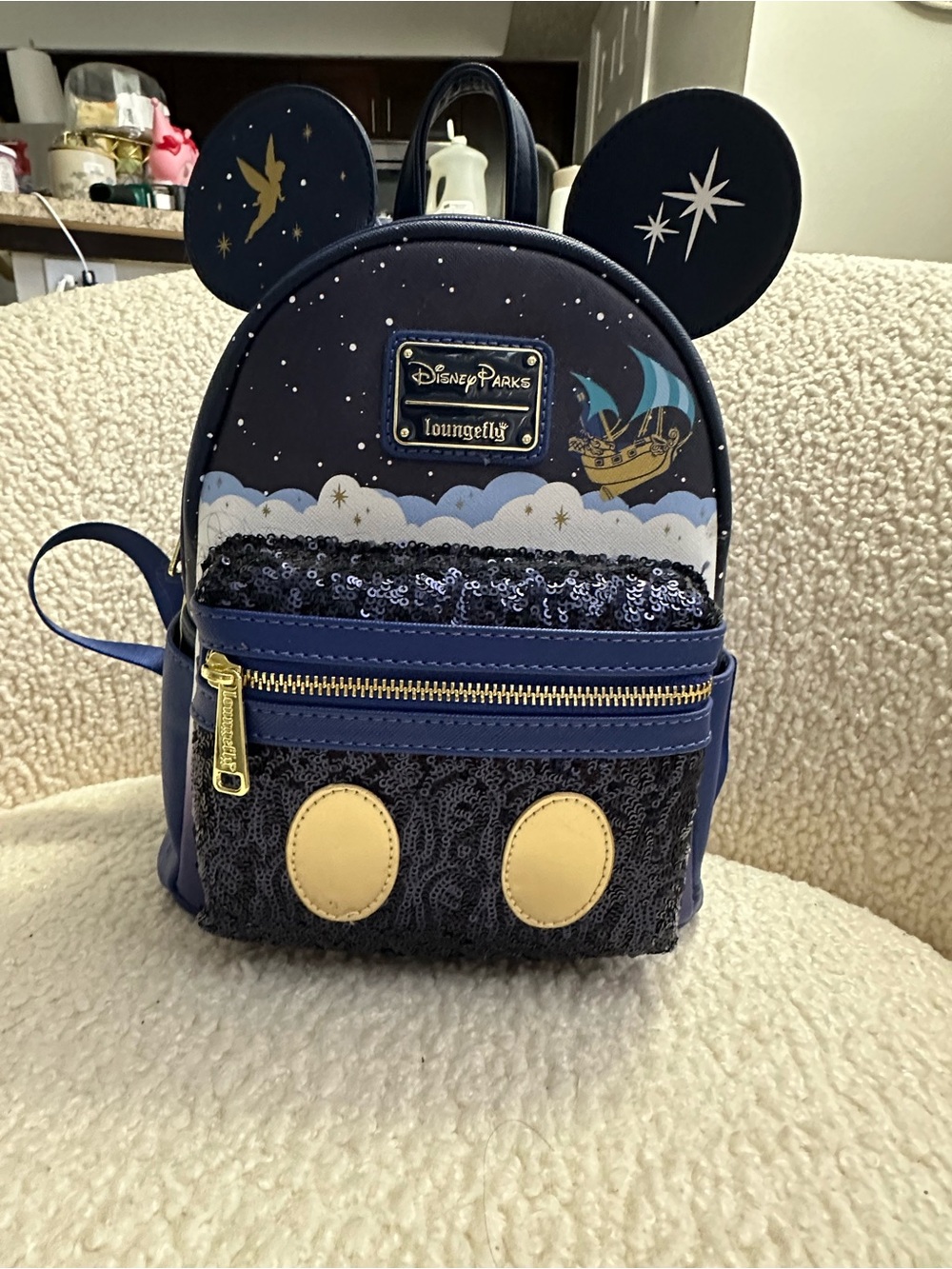 Loungefly Navy Peter Pan Flying Ship Mini Backpack with Sequins